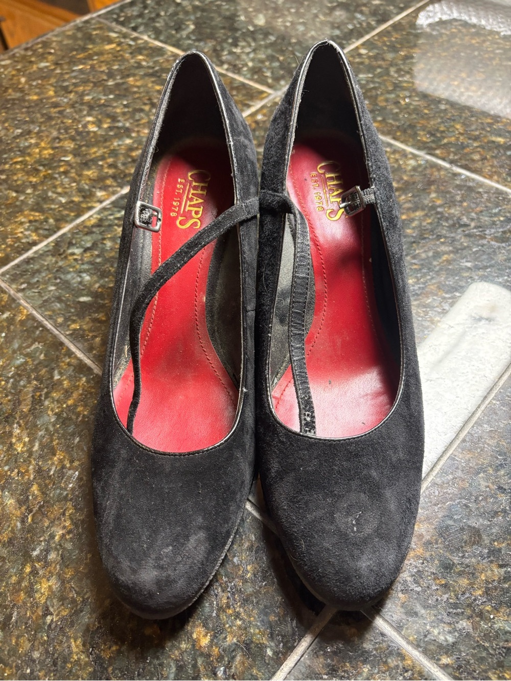 Chaps Black Suede Mary Jane Pumps with Red Insole